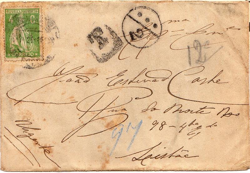 0035 f.jpg -     Lote:    35 (frente)      J. M. Castanheira da Silveira             Descrição:         1915 &mdash; Porteado. Emissão regular. Valor em centavos. Sobrescrito circulado do Porto (06.01.21) para Lisboa (07.01.21) com selo de 4c tipo Ceres CE226. Sendo o porte das cartas de 10c foi porteado com o dobro do porte em falta com selos de 2c e 10c CE POR 23 e 27.        Carta       Valor Base:     &euro; 20,00     Valor Venda:     &euro;      